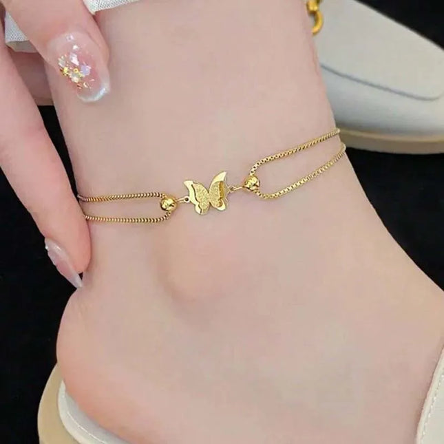 Stainless Steel Metal Double Layer Butterfly Anklet For Women Fashion Gold Color Adjustable Feet Chain Anklet Jewelry Gifts