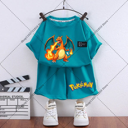 2pcs Pokemons Short-sleeved Shorts Summer Thin Waffle Clothes Suit Cartoon Anime Gengar Charmander Print Clothing Birthday Gift