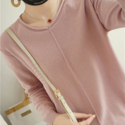 2023 Autumn/Winter Women's New Pullover Casual Solid 100% Cotton Knitted V-Neck Loose Sweater Fashion Soft Breathable Top