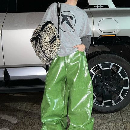Mauroicardi Spring Autumn Cool Long Shiny Reflective Green Pu Leather Wide Leg Pants for Men Y2K Luxury Brands Original Clothes