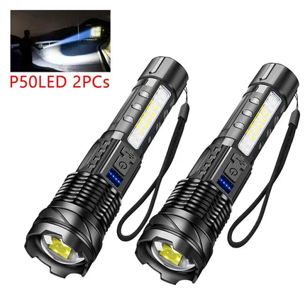 Powerful LED Flashlight Type C Rechargeable Waterproof Torch with Side Light 7 Modes Zoomable Lamp for Camping Fishing Lantern