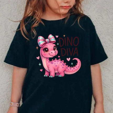 Girls' Kawaii Cartoon Dinosaur Graphic T-Shirt Cute Pink Bow Hearts Print T-Shirt Kids Short Sleeve Tee Y2k Children's Clothing