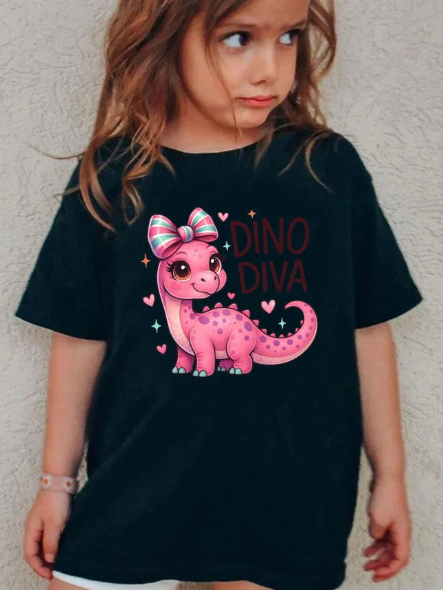 Girls' Kawaii Cartoon Dinosaur Graphic T-Shirt Cute Pink Bow Hearts Print T-Shirt Kids Short Sleeve Tee Y2k Children's Clothing