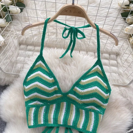 Beach Vacation Style Cami Top Women Design Sense Color Blocking Hook Flower Slim Fit Camisole Short Sexy Exposed Navel Crop Tops
