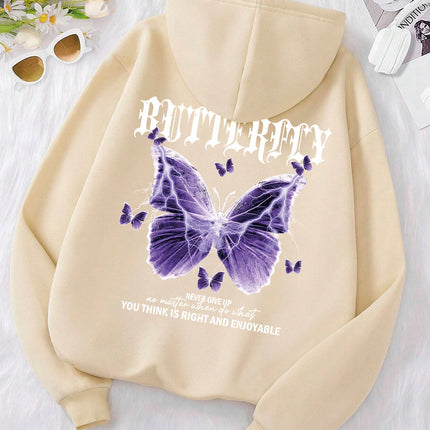 Beautiful Purple Butterfly Printing Hoodies Women Fleece Pocket Hoody Simple Casual Hoodie Autumn Loose Female Streetwear