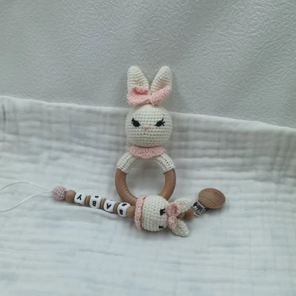 Baby Rattle Crochet Bear Teether Rattle With Bells Pacifier Chain Newborn Montessori Educational Toy Wooden Rings Baby Toys