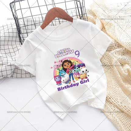 New Gabby Dollhouses Pink Short Sleeve White T-shirts Girls Tops Cotton Summer Casual Birthday Number T-shirt Party Supplies Tee