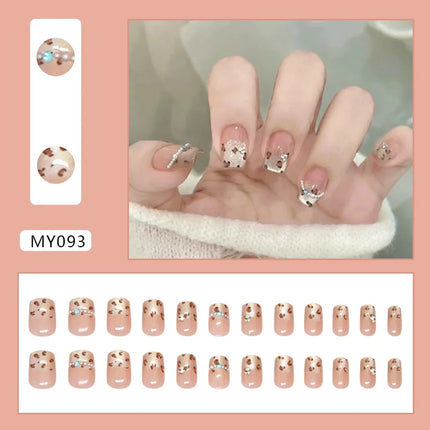 Dark Brown Flowers 24 Pcs Press-on Nails Pink Nail Polish Glossy Artificial Finger Manicure Reusable False Nails