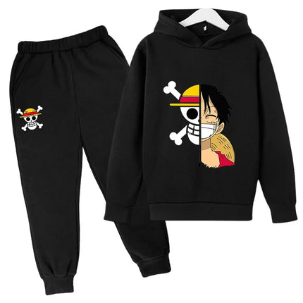 2025 Boys Girls Casual Hooded Japanese Anime One Piece Luffy Zoro Harajuku Hoodie Sweatpants Set with Pockets Sweatshirt Tops