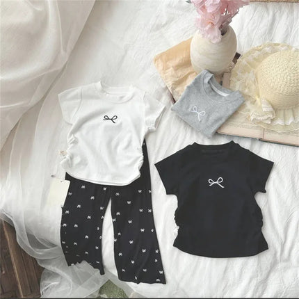 Korean Summer Bowknot Casual Short Sleeve T-shirts for Kids 0-12 Years Cotton Toddler Girl Tops Baby Girls Tees Students Clothes
