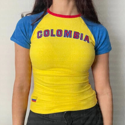 Y2K Aesthetics Colombia Print Punk Grunge Patchwork T-Shirt Goth Streetwear Retro Casual Slim Women's Short Sleeve Sexy Crop Top