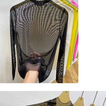 Transparent Gauze Bottoming T-shirt Women Clothing Summer Long Sleeved T-shirt with Gauze Shirt Half High Collar Sunscreen 2024