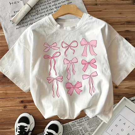 Pink Bow Print T-Shirt Women's Vintage Style Casual Printed T-Shirt Bow Short Sleeve Top Tee Kawaii Clothes Women Clothing