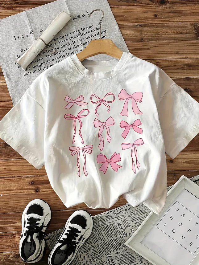Pink Bow Print T-Shirt Women's Vintage Style Casual Printed T-Shirt Bow Short Sleeve Top Tee Kawaii Clothes Women Clothing