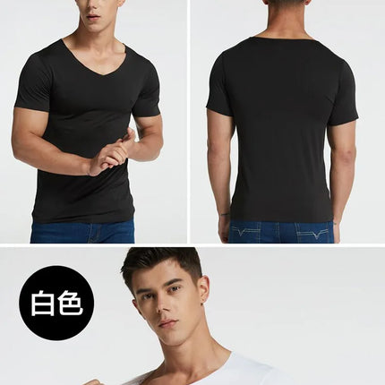 4Pcs Summer Ice Silk Men T-Shirt Vest Men's No Trace Sports Short Sleeve T-shirt Solid V-neck Tees Quick Dry Shirt Tops Fitness