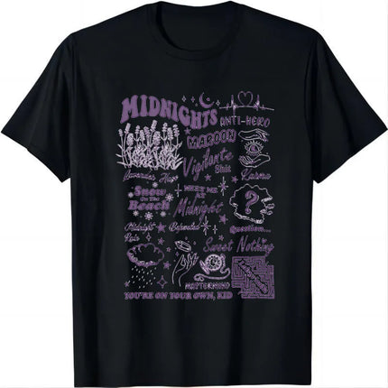 Album Book Graphic T Shirt With Midnights Red Floral Cat Elements Designs, Stylish Casual Short Sleeve Tee For Daily Wear
