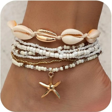 Summer Ankle Bracelet Set for Women, Gold Plated Boho Bead Adjustable Anklet, Hawaiian Beach Shell Starfish Foot Jewelry Gifts