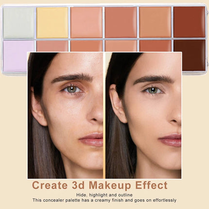 VERONNI 12Color Concealer Palette with Brush-Natural Cream Acne Spot Dark Circles Cover Face Foundation Brighten Cosmetic Makeup