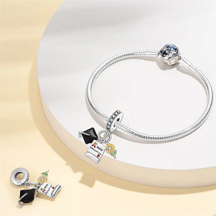 100% 925 Sterling Silver Graduation Season Series Owl Bachelor's Hat Charms Beads Fit 3mm 925 Original Bracelets DIY Jewelry