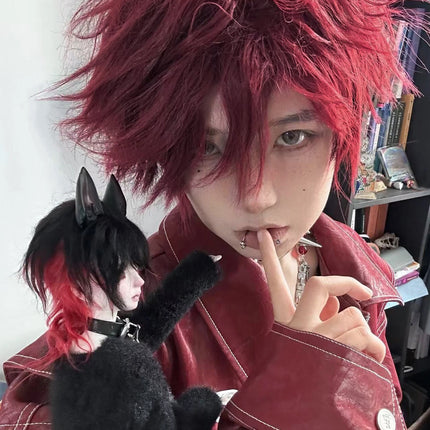 12Inch Personality Wine Red Synthetic Wig With Bang Short Natural Straight Hair For Men or Women Cosplay Heat Resistant LGBTQ