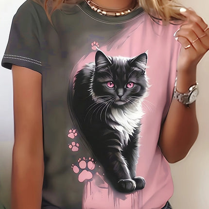 Two-Tone Women's Tee - Black & White Cat with Pink Eyes Graphic, Cute Paw Print Print Design for Casual Daily Wear