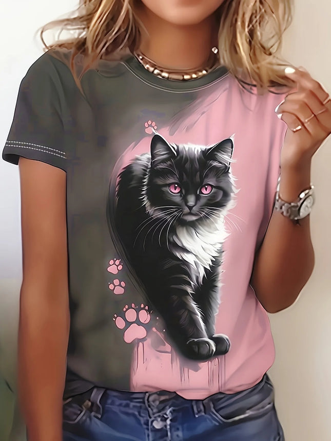 Two-Tone Women's Tee - Black & White Cat with Pink Eyes Graphic, Cute Paw Print Print Design for Casual Daily Wear