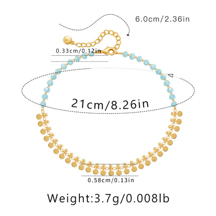 Vintage 18K Gold Plated Tassels Charm Anklet for Women Elegant Summer Beach Boho Light Blue Crystal Beads Chain Vocation Jewelry