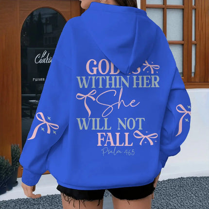 "God Is Within Her Will Not Fall" Print Hoodie Women Coquette Bow Pattern Christianity Hoody Fashion Jesus Female Hoodies
