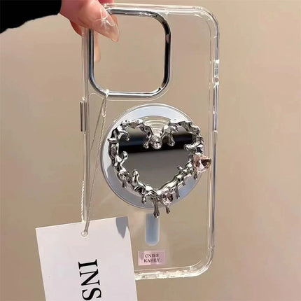Luxury 3D Melt Love Heart Mirror Foldable For Magsafe Griptok Holder Phone Finger Ring Stand Support For iPhone 16 Pro Max