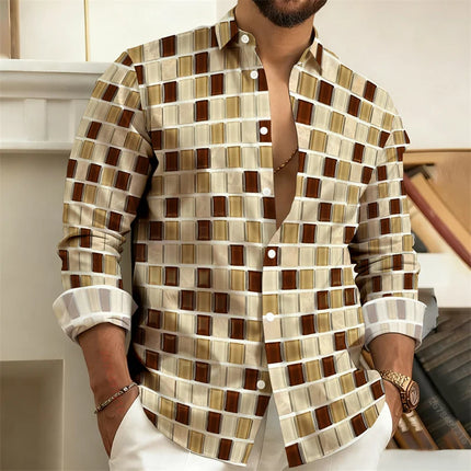Best-Selling Men's 3D Printed Plaid Long-Sleeved Shirt, Fashionable Men's Shirt, Outdoor Casual Street Style Shirt, Sizes S-6XL