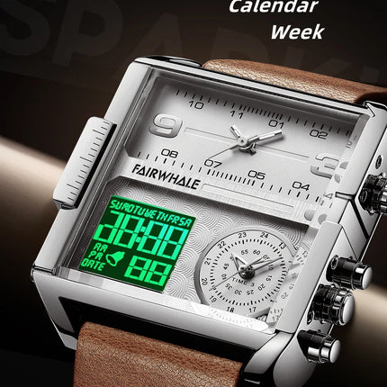 Mark Fairwhale Luxury Quartz Watches Men Fashion Brown Leather Strap Clock Military Waterproof Square Electronic WristWatch 2023