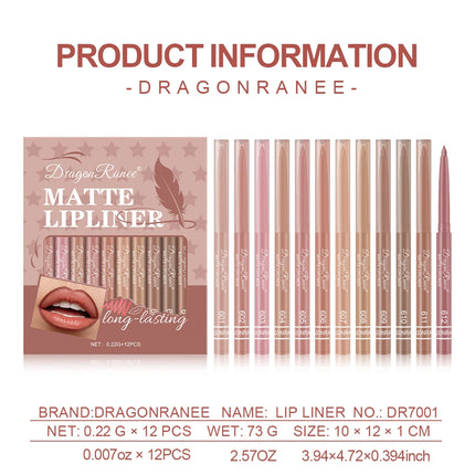 12-Piece Lip Liner Set for Outlining Lip Shapes, Beginner-Friendly, Natural and Delicate, Waterproof Matte Nude Lip Liner Set