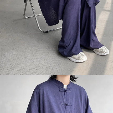 New Chinese Style Men's Shirt and Pants Set Retro Spring Autumn Youth Chinese Style Clothing Polyester Fiber Machine Washable