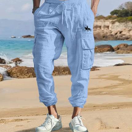 Men's Cotton Linen Blend Cargo Jogger Pants, Elastic Waist Drawstring Trousers with Side Pockets for Summer Casual Daily Outdoor