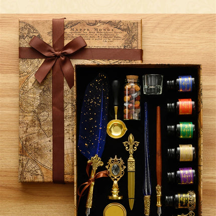 Luxury Fountain Pen Set, Retro Sprinkling Feather Pens Calligraphy Writing Dip Kit with Wax Seal Stamp & Replace Nibs, Gift Box