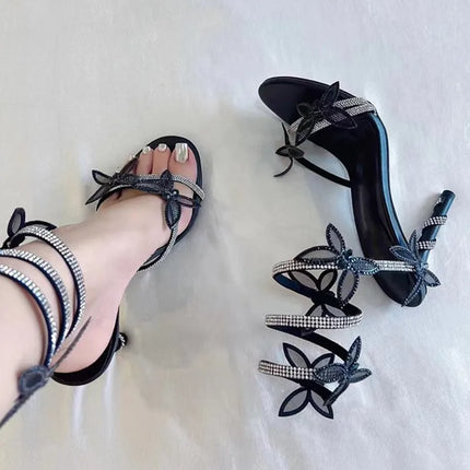 Luxury Crystal Embellished Butterfly Detail Women Sandals Sexy Coiled Strap Thin High heels Gladiator sandals Summer Party Shoes