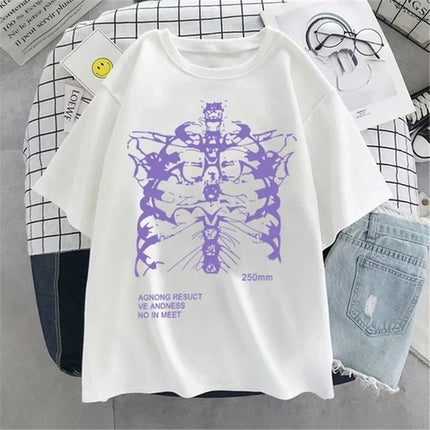 Geometric Pattern Print Harajuku Skeleton Women T-shirts Men Gothic Hip Hop Streetwear Black Goth Clothes Short Sleeve Top Y2k