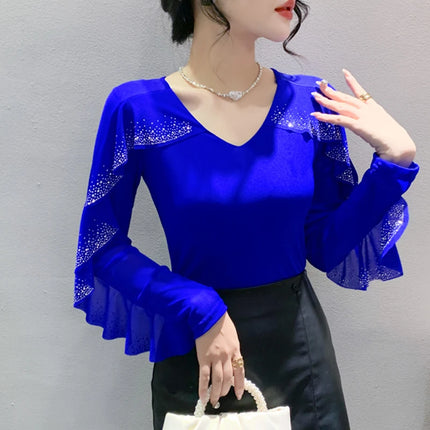 2025 Autumn New Style Mesh Tops Korean Fashion Round Neck Ruffles Shirt Lotus Leaf Edge Hot Diamond Long Sleeve Women T-Shirt