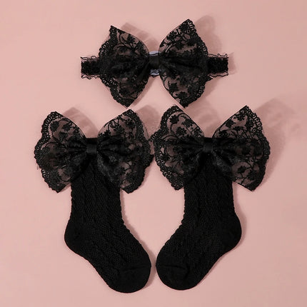 3pcs  Baby Bow Headband Socks Set  Turban Solid Soft Sock Toddler Boys Girls Lace Print Bowknot Elastic Hairband