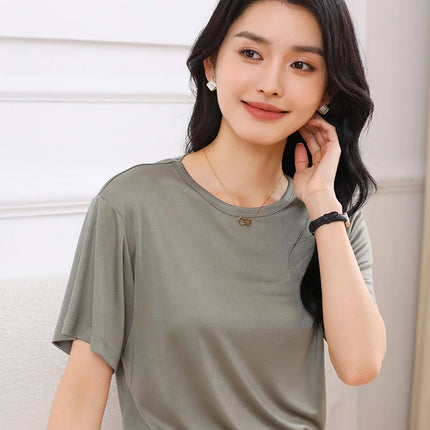 Summer Women's Short Sleeve O-Neck T-Shirt Knitted Acetate Fabric High-End Thin Pullover Top for Ladies