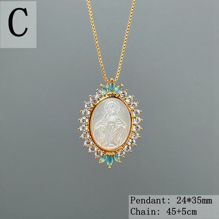 Hot Sell Religious Guadalupe Virgin Mary Necklace Female Metal Zircon Mother Pearl Shell Medal Pendant For Women Fashion Jewelry