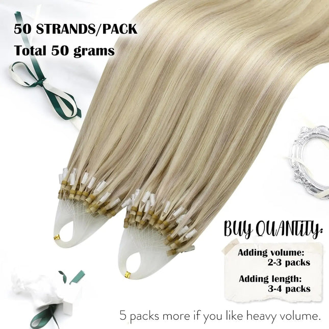 Moresoo Micro Link Hair Extensions Human Hair Micro Loop Hair Cold Fusion 50G Invisible Brazilian Pre-Bonded Remy Micro Ring Hair