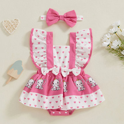 FOCUSNORM 0-18M Lovely Baby Girls Rompers Dress 4 Colors Bee/Ladybug/Cow/Elephant Print Fly Sleeve Jumpsuits with Headband