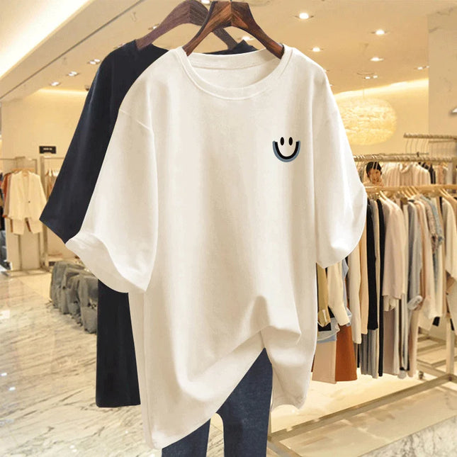 Women Clothing Pure Cotton Smiling Printing Basic T-shirt Summer Fashion Casual O-neck Short Sleeve Top Tee Oversized Pullovers