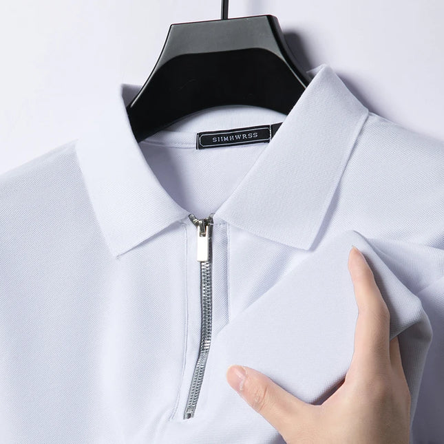 Summer New Men's Casual Slim Fit Polo Shirt Flip Collar Breathable Half Zipper Short Sleeve Top Solid Color Comfortable T-shirt