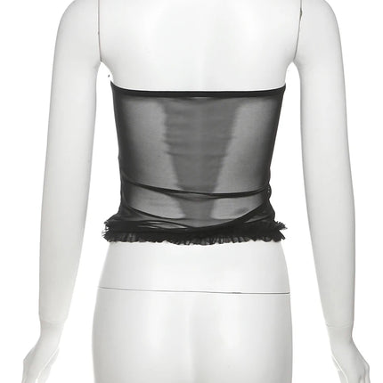 Nibber Folds Sexy Fishbone Strapless Tops Patchwork See Through Skinny Summer Backless Daily Street Versatile Sweet Clothes