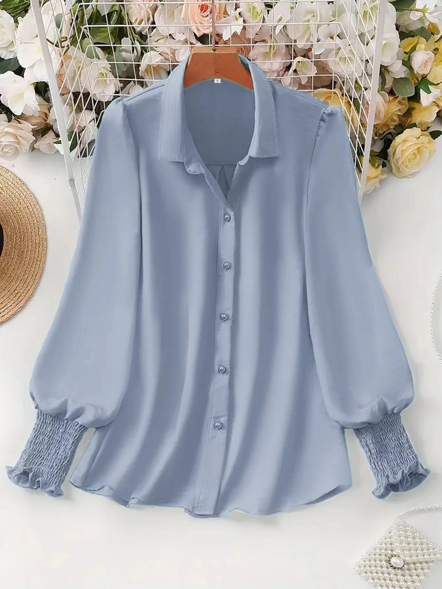 Plus Size 2025 Spring and Summer New Women's Casual Puff Sleeve Blouse Solid Color Suitable for Office Outdoor Single Breasted