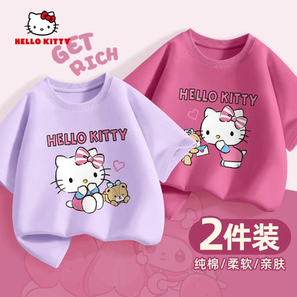 (2 Pieces Per Pack) Sanrio Summer Baby Girls 100% Cotton Clothes Kid Children Girl Hello Kitty Printed T-shirts Short Sleeve Top