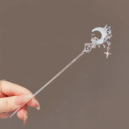 Luminous Flower Hairpin for Women, Creative Star and Moon Tassel Hair Stick, Retro Chinese Style Metal Hair Accessory