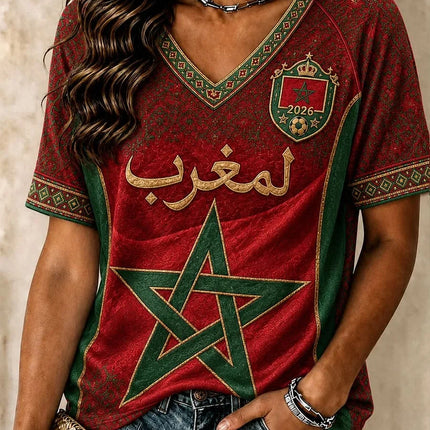 2026 Morocco National Team Red Football T-Shirt, Women's Men V-Neck Sportswear with Script & Star Motif  2026 New Colthing